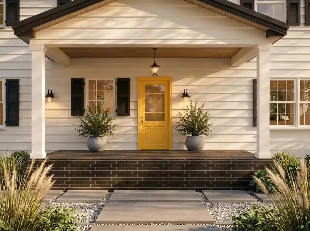 The same white colonial with the front door painted warm sunny yellow