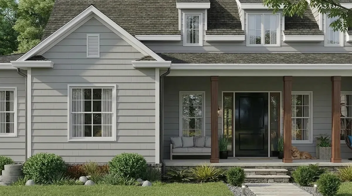 The light gray cape cod house with the front door painted glossy black