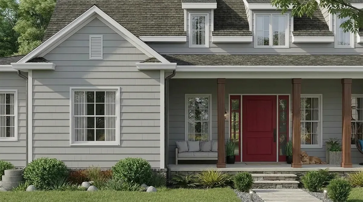 The same light gray cape cod house with the front door painted deep red