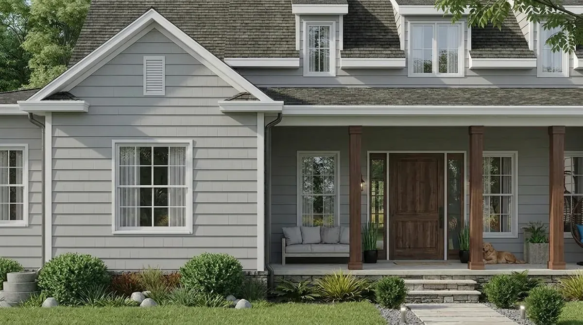 Light gray lap siding cape cod house with white trim, dormers, wood porch posts, a porch bench and a stained wood front door with sidelights