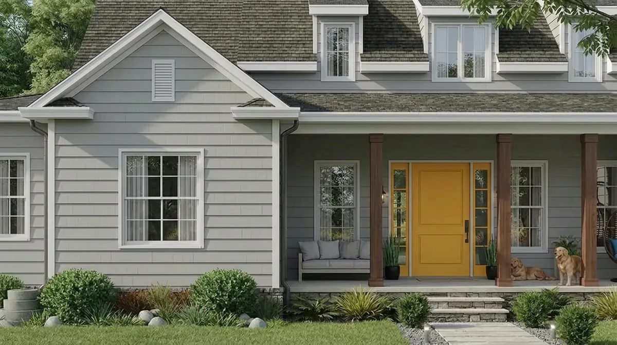 The light gray cape cod house with the front door painted warm sunny yellow