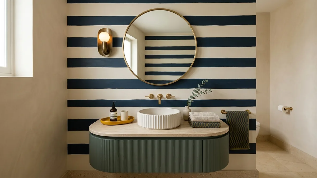 A FunHaus powder room generated in MeltFlex with a tonal cream-and-inky-blue striped wall, a curved deep-sage vanity, a round sculptural mirror, brass fittings, a bright ceramic tray, and playful towels