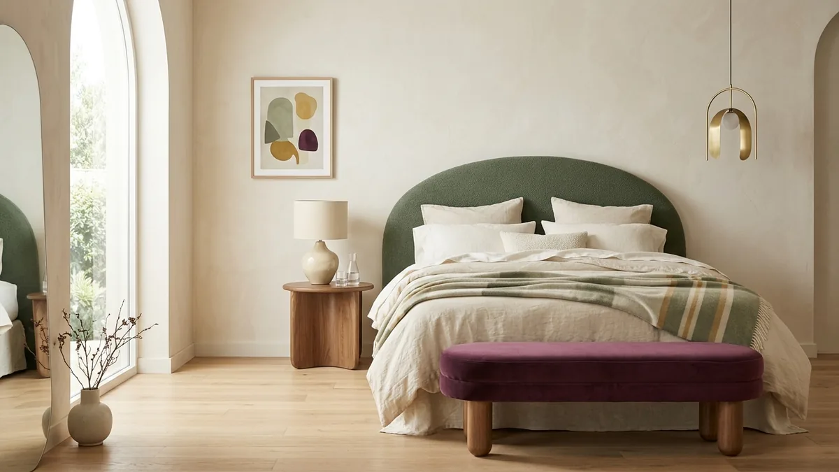 A FunHaus bedroom generated in MeltFlex with a curved deep-sage upholstered headboard, calm neutral walls, mostly white bedding with one striped throw, a plum bench at the foot of the bed, a sculptural pendant, and a curvy bedside lamp