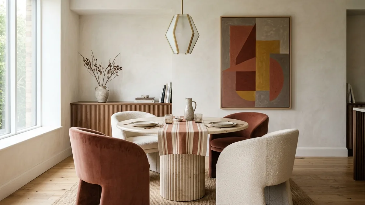 A FunHaus dining nook generated in MeltFlex with a fluted pedestal table, curved rounded-back chairs in mixed rust and cream, a sculptural pendant light, a striped runner, and one bold artwork on a neutral wall