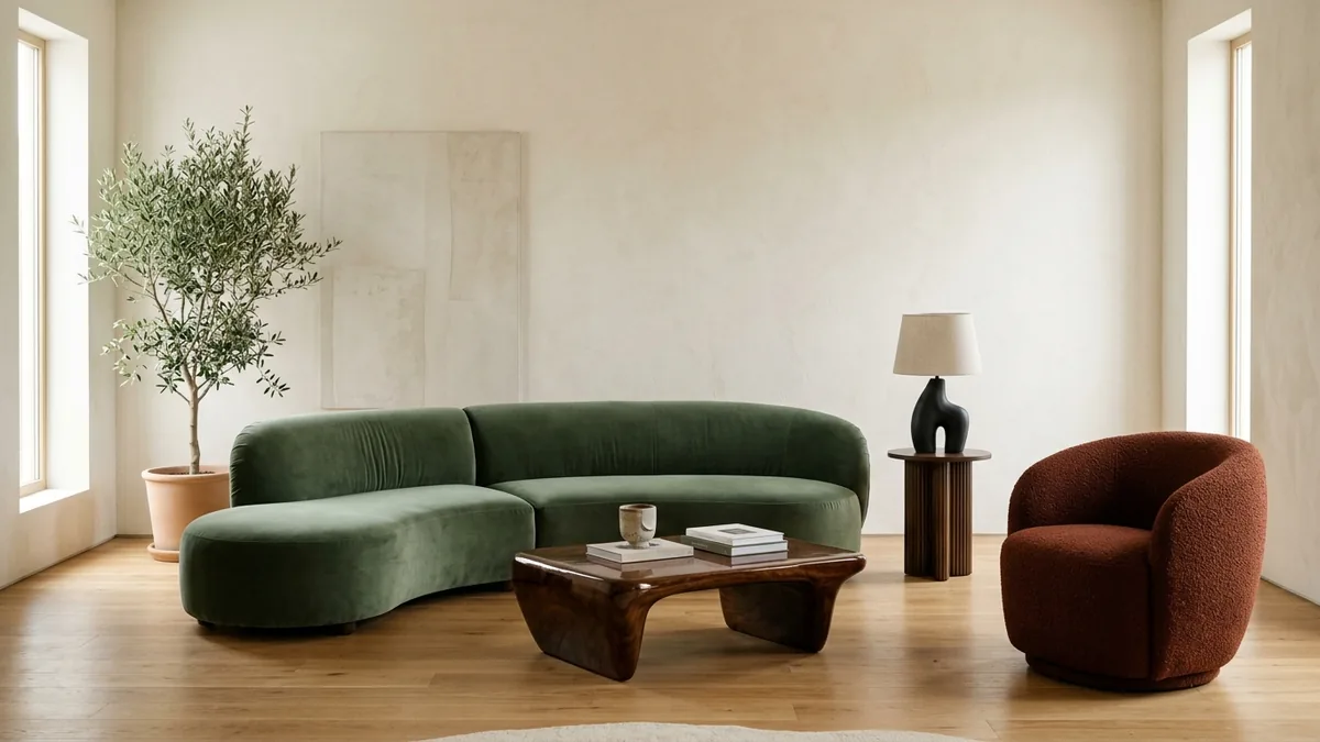A FunHaus furniture vignette generated in MeltFlex: a curved modular sofa in deep sage velvet, a fluted pedestal side table, a sculptural rounded armchair, a lacquered wood coffee table, and a sculptural table lamp, against a neutral plaster wall