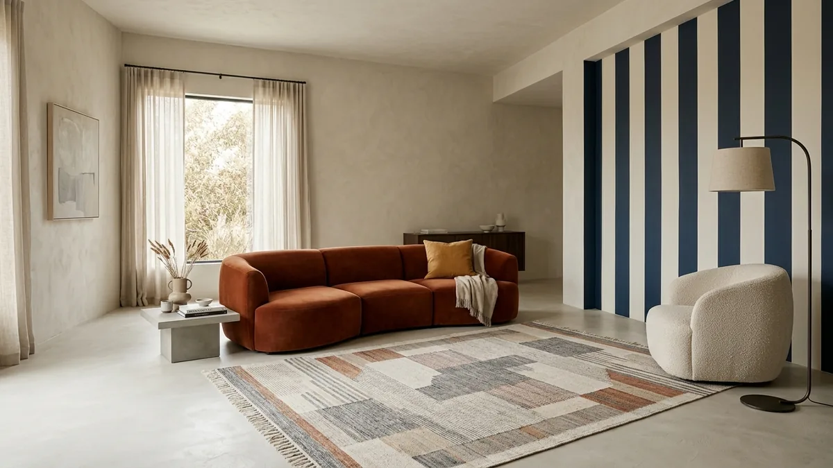A FunHaus living room generated in MeltFlex with neutral plaster walls, a sculptural rust modular sofa, one tonal striped accent wall, a curved cream armchair, a graphic rug, and a sculptural lamp