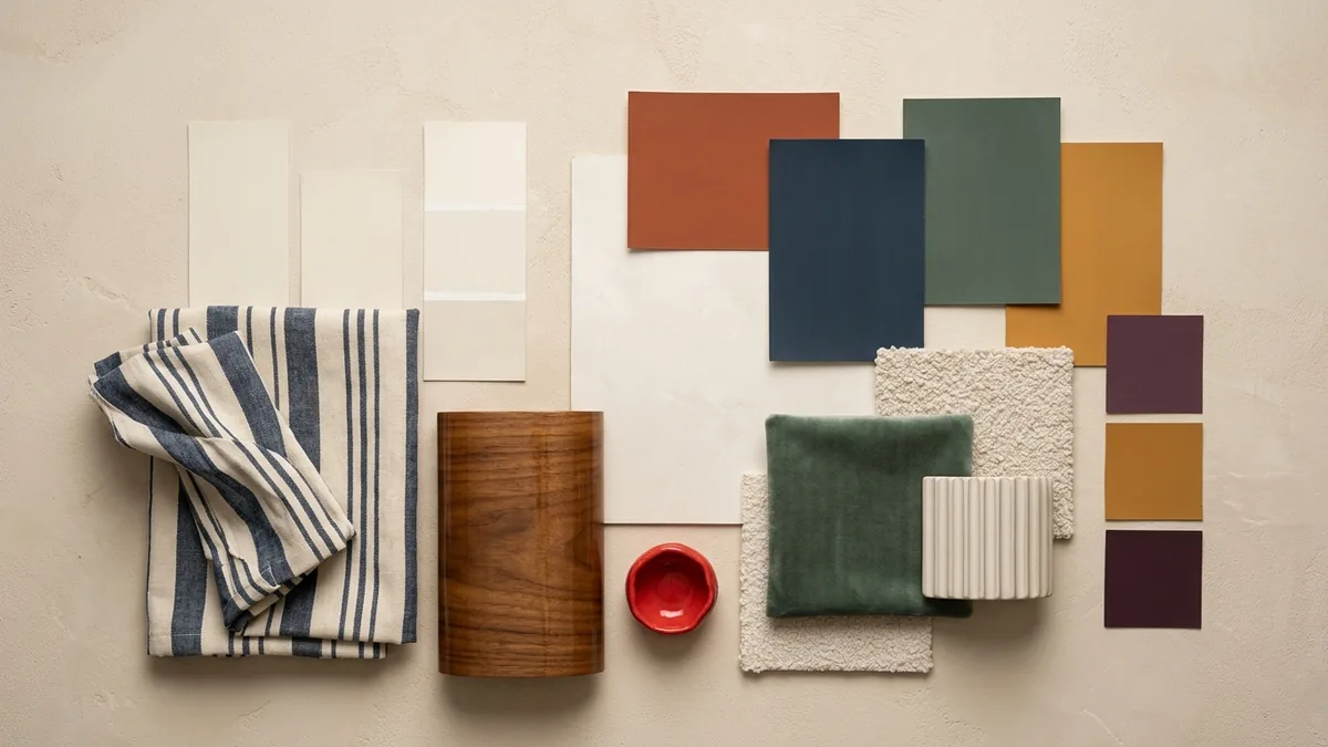 A FunHaus 2026 color and material palette flat-lay on a plaster surface: cream and warm-white neutrals, plus saturated swatches of warm rust, inky blue, deep sage, ochre and plum, a striped fabric, a curved lacquered wood sample, velvet, and a primary-red ceramic