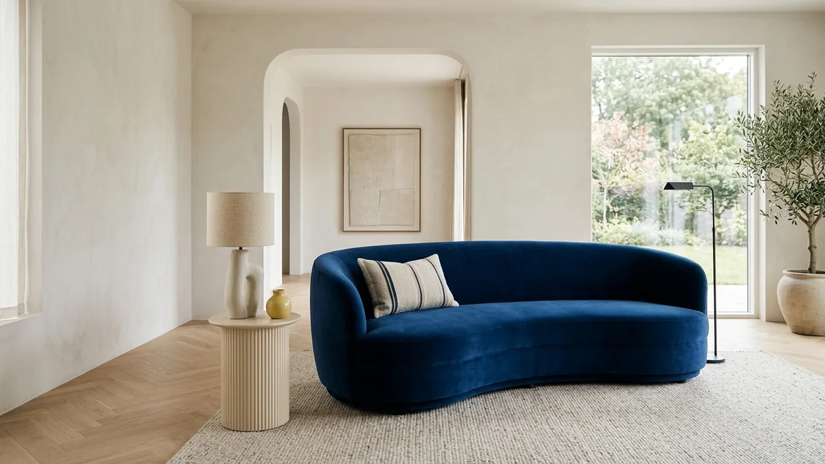 A restrained, elevated FunHaus living room generated in MeltFlex: neutral plaster walls and light floor, one curved inky-blue sofa, one tonal striped cushion, a single sculptural lamp, a fluted side table, one primary-yellow ceramic, and lots of negative space