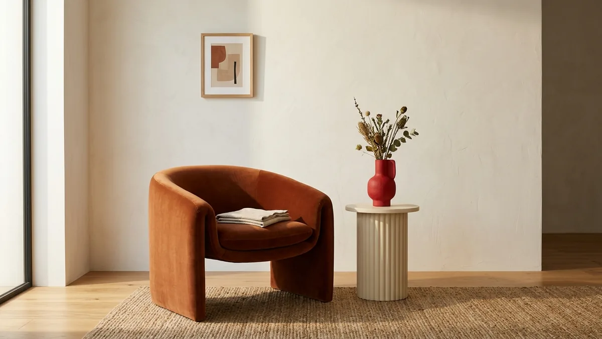 A single FunHaus statement piece generated in MeltFlex: a sculptural curved armchair in rust velvet beside a fluted pedestal side table with a primary-red ceramic vase, in a sunlit corner with neutral plaster walls and a light floor
