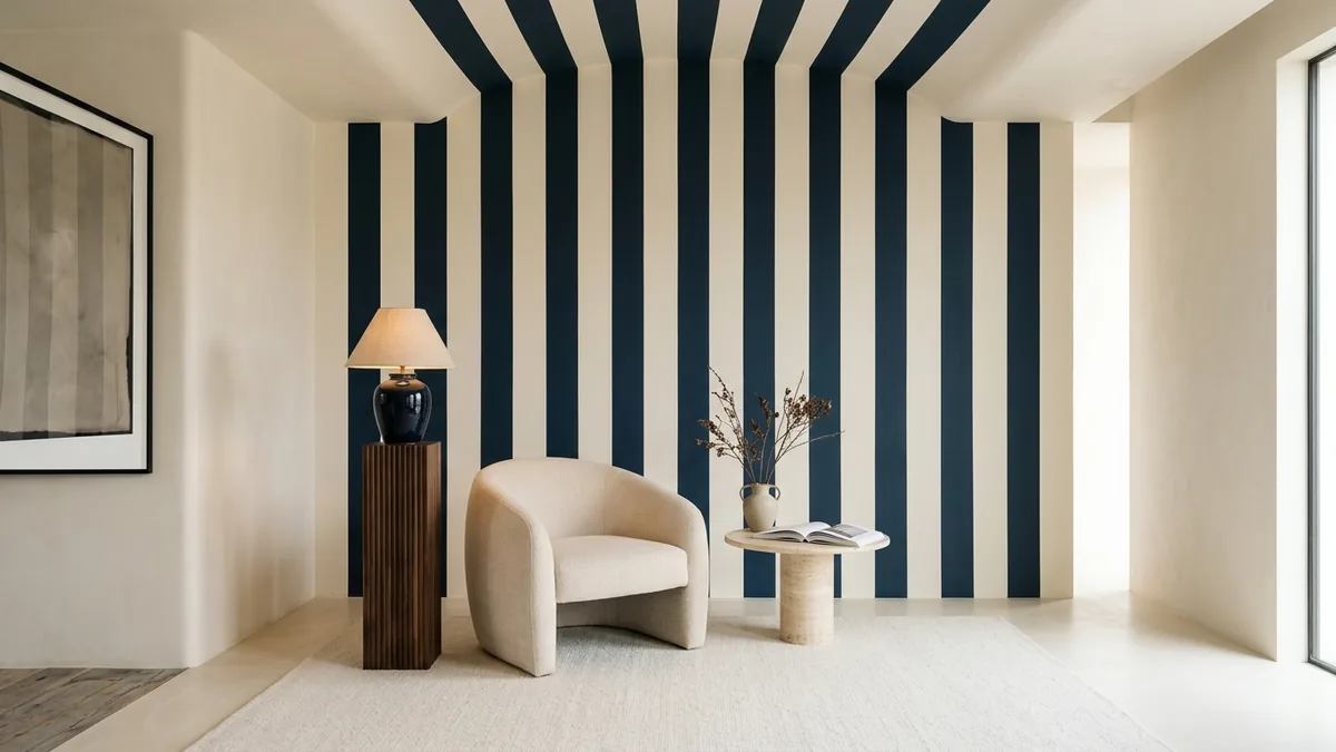 A FunHaus room detail generated in MeltFlex showing a tonal striped feature: wide vertical stripes in cream and inky blue on one wall continuing onto the ceiling in a subtle circus-tent effect, with a curved armchair and a sculptural lamp against neutral surroundings
