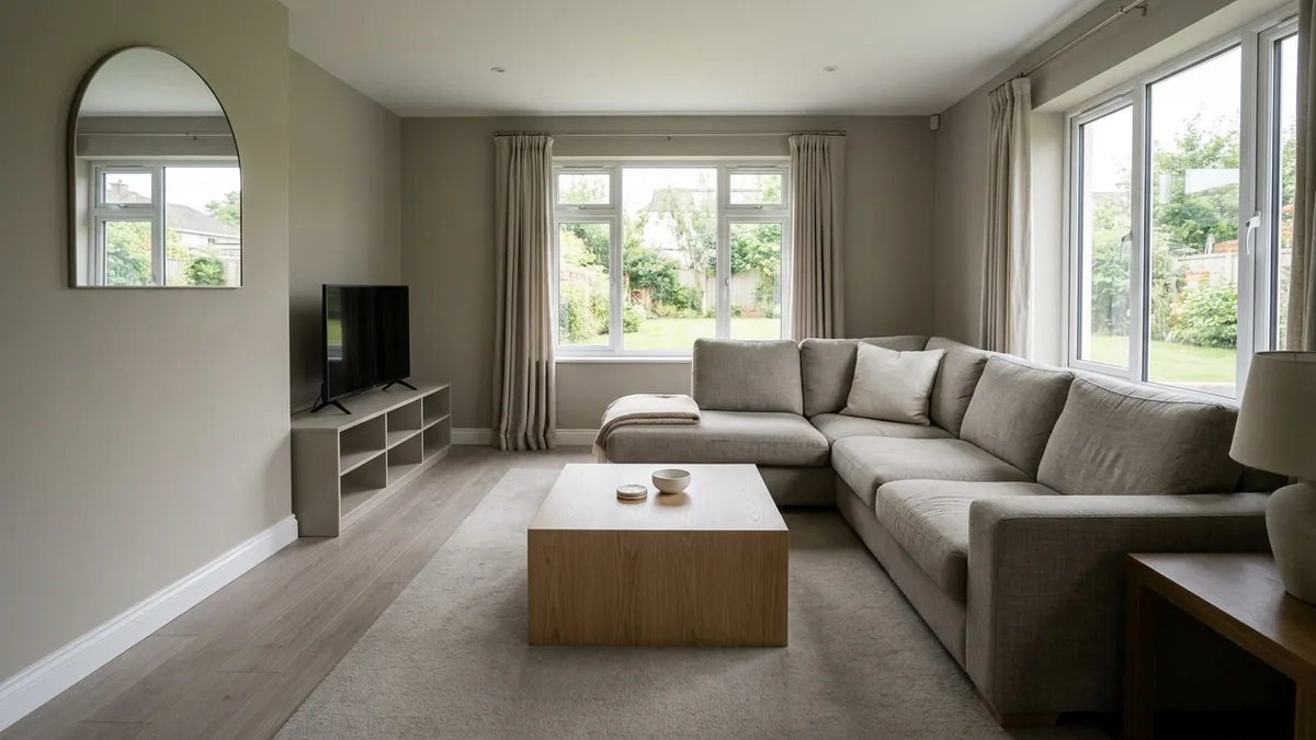 A beige, minimalist 2010s living room with a greige sofa, greige walls, an arched mirror, and almost no color or pattern
