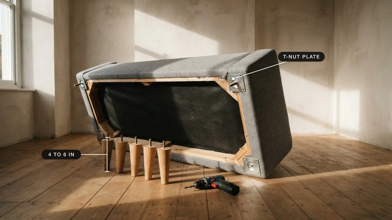 Grey sofa tipped onto its back on a bare wooden floor with its wooden legs unscrewed and laid out on the floor beside a cordless screwdriver