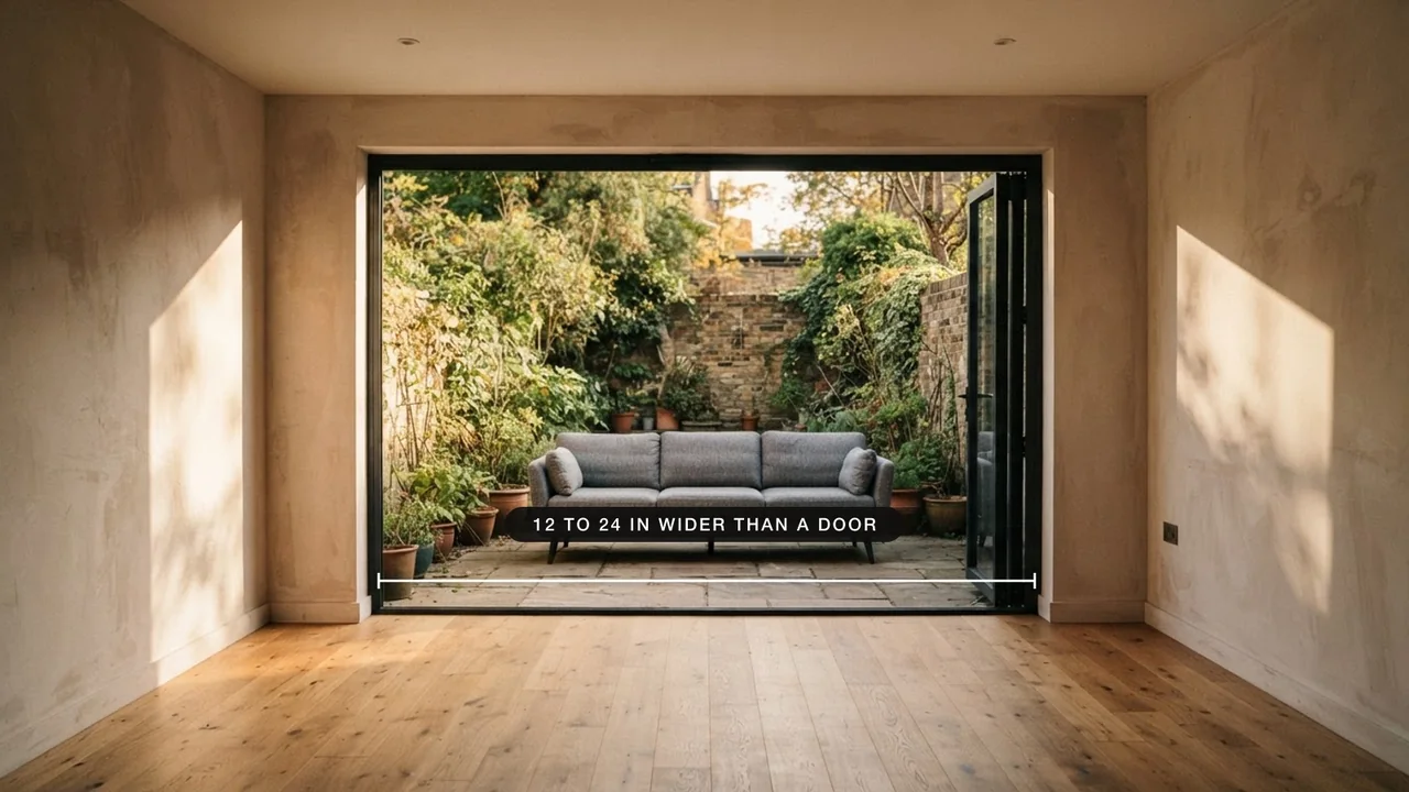 Wide sliding patio doors standing fully open onto a walled garden terrace, with a grey sofa waiting outside ready to be carried in