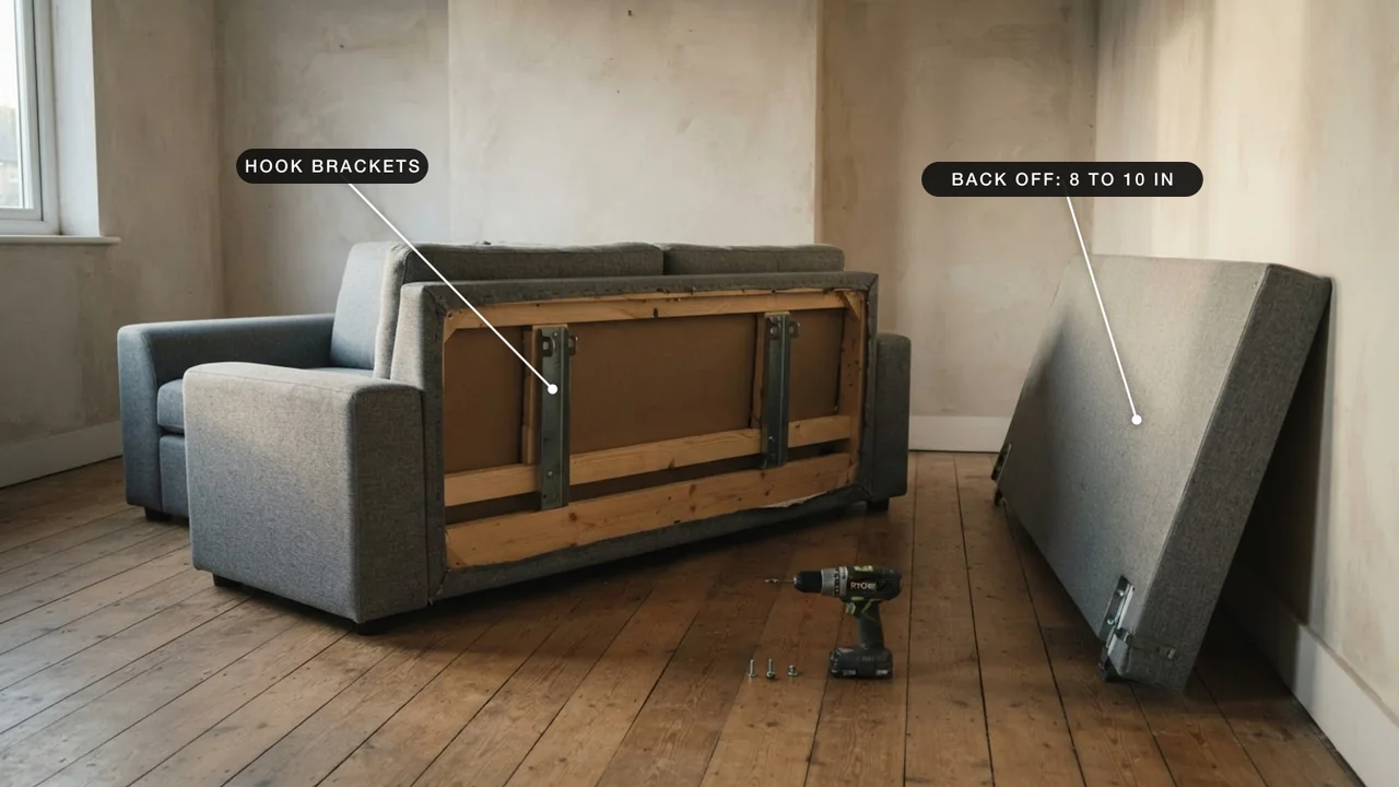 Grey sofa with its back panel lifted off and standing against the wall, exposing the two steel hook brackets and the bare frame rail