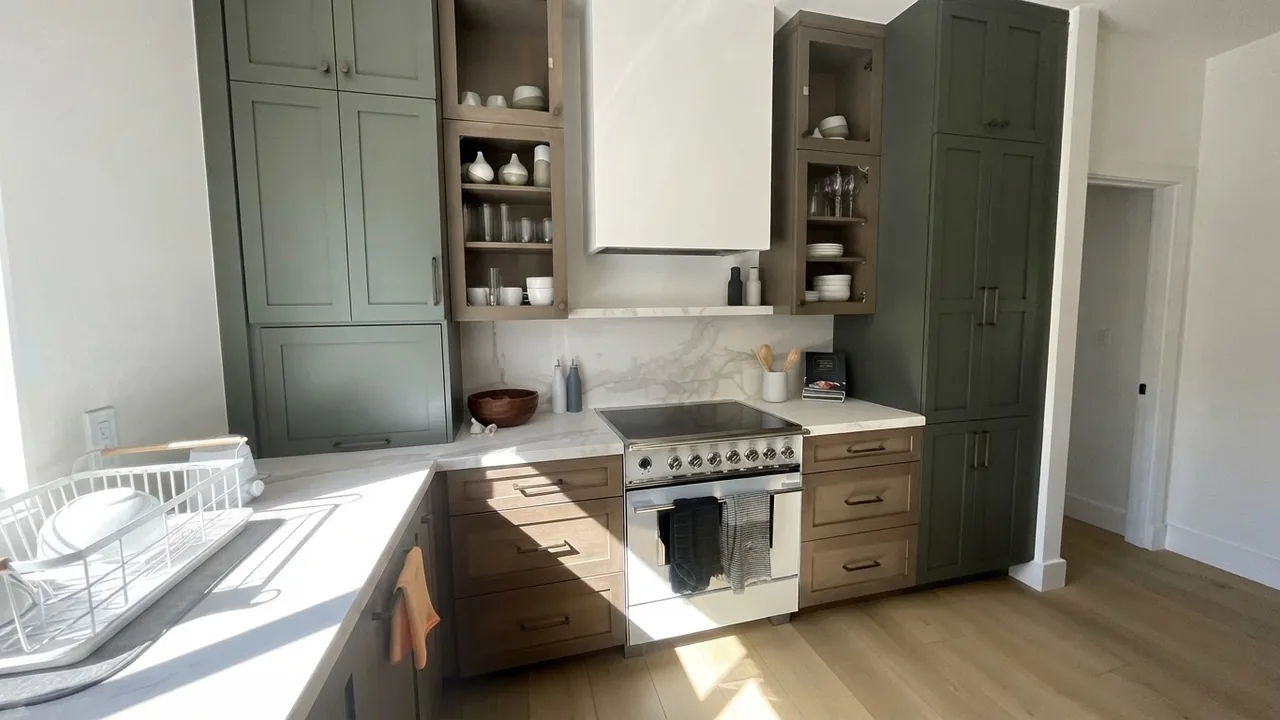 The finished kitchen in a converted garage unit, with sage green tall cabinets, timber fronted base units, a stone worktop, a freestanding range and a dish rack by the sink