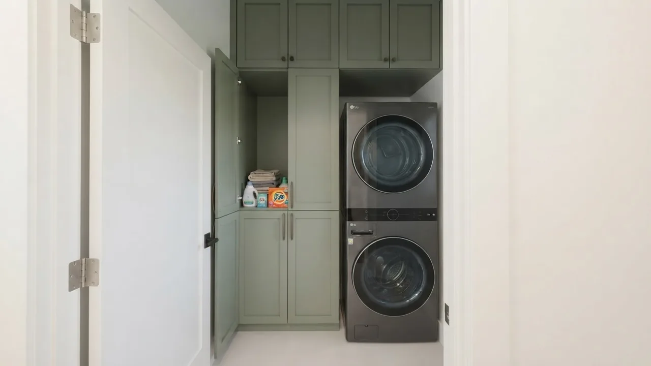 A stacked washer and dryer built into a tall cabinet with the doors open, inside a converted garage unit
