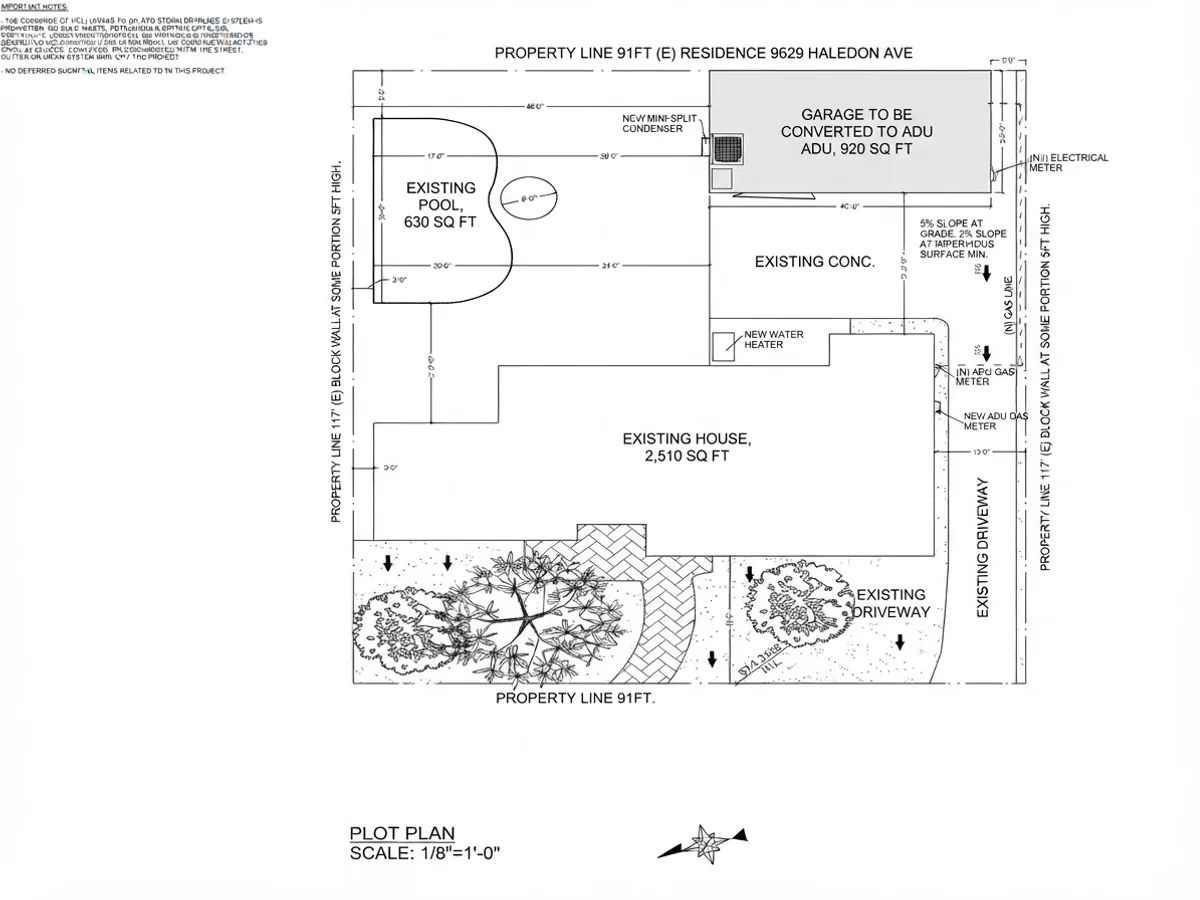 Redrawn plot plan showing the 920 square foot garage marked to be converted to an ADU, the existing 2,510 square foot house, the existing 630 square foot pool, the driveway and new mini-split, water heater and gas meter callouts