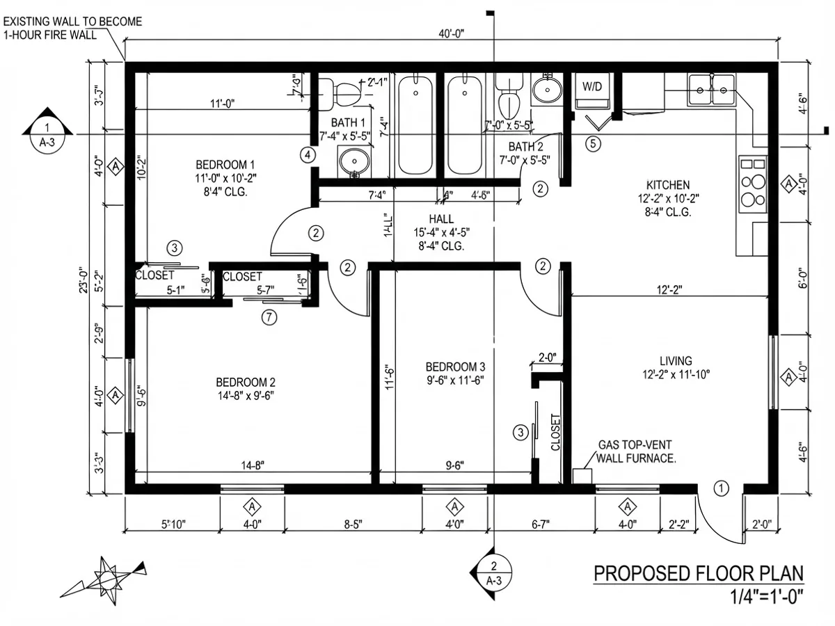 Redrawn proposed floor plan of the converted garage showing three bedrooms with dimensions, two bathrooms, a kitchen, a living area, a hall, closets, a washer dryer and the existing wall marked to become a 1-hour fire wall