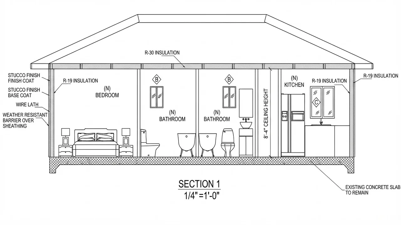 Redrawn building section through the converted garage showing R-30 ceiling insulation, R-19 wall insulation, an 8 foot 4 inch ceiling height, the existing concrete slab retained, and the stucco, wire lath and weather resistant barrier wall build-up