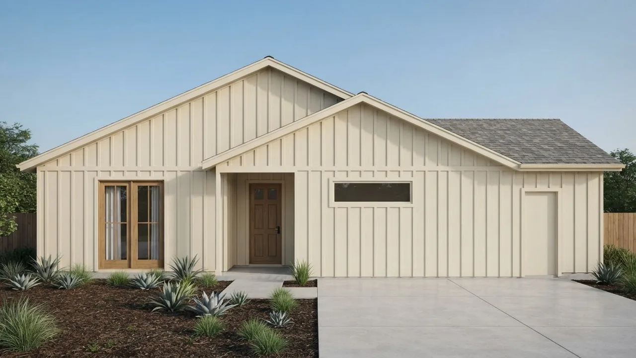 The same house with the garage door permanently removed and replaced with a window and a panelled door, the full conversion option