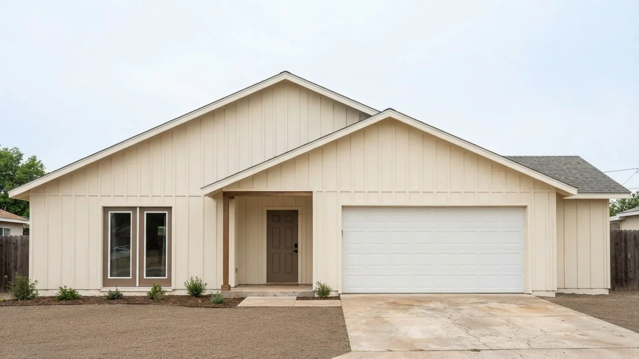 A single storey house with an ordinary closed white sectional garage door, the reversible option, rendered from the same permitted front elevation as the full conversion beside it