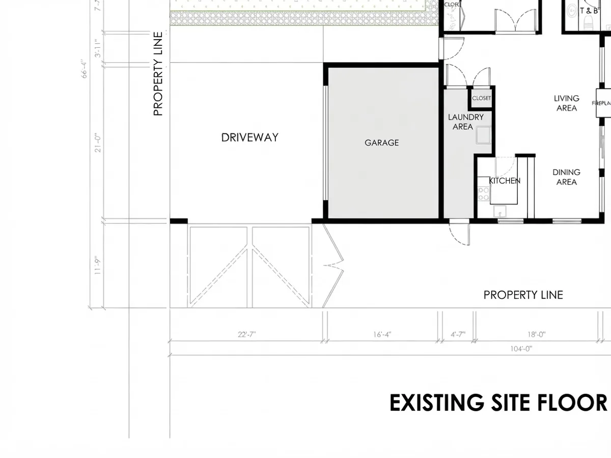 Redrawn existing floor plan showing the garage shaded grey beside the driveway and directly against the kitchen, laundry area, living area and dining area of the house