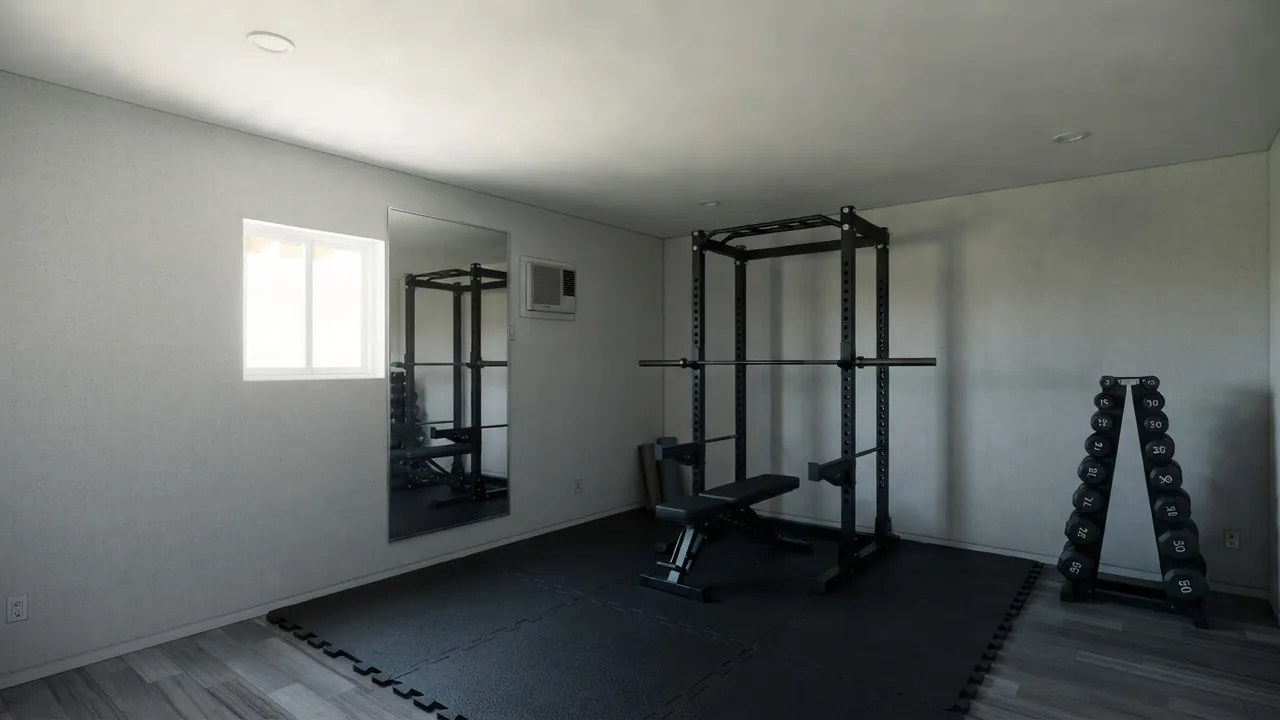 Converted garage interior finished as a home gym with a mirror wall, a power rack, a bench and dumbbells on rubber flooring