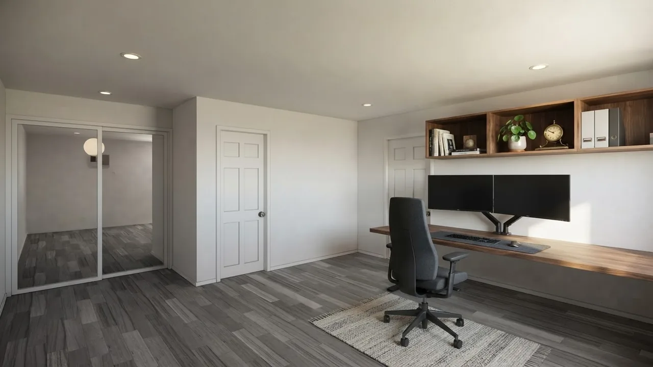 Converted garage interior finished as a home office with a long built-in desk, two monitors, open shelving and a rug