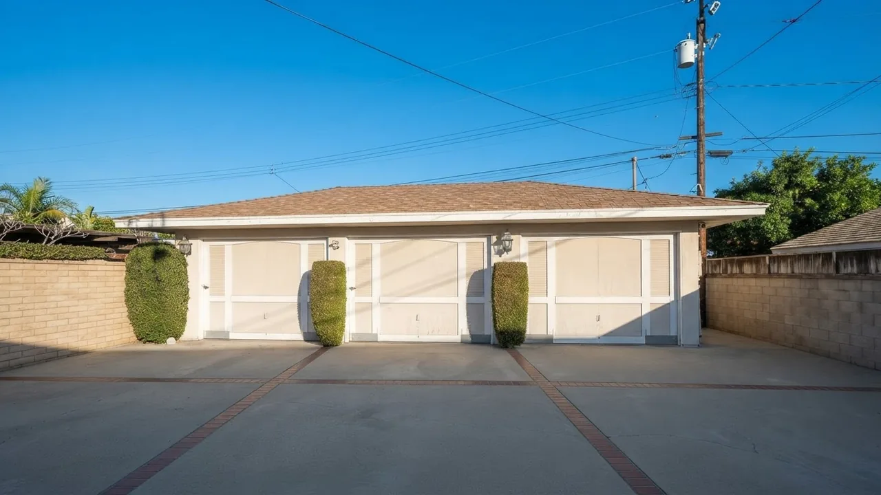 A real detached three-bay garage in Downey, California before conversion, cream stucco with three pale garage doors, clipped shrubs between the bays and a concrete driveway with red brick banding