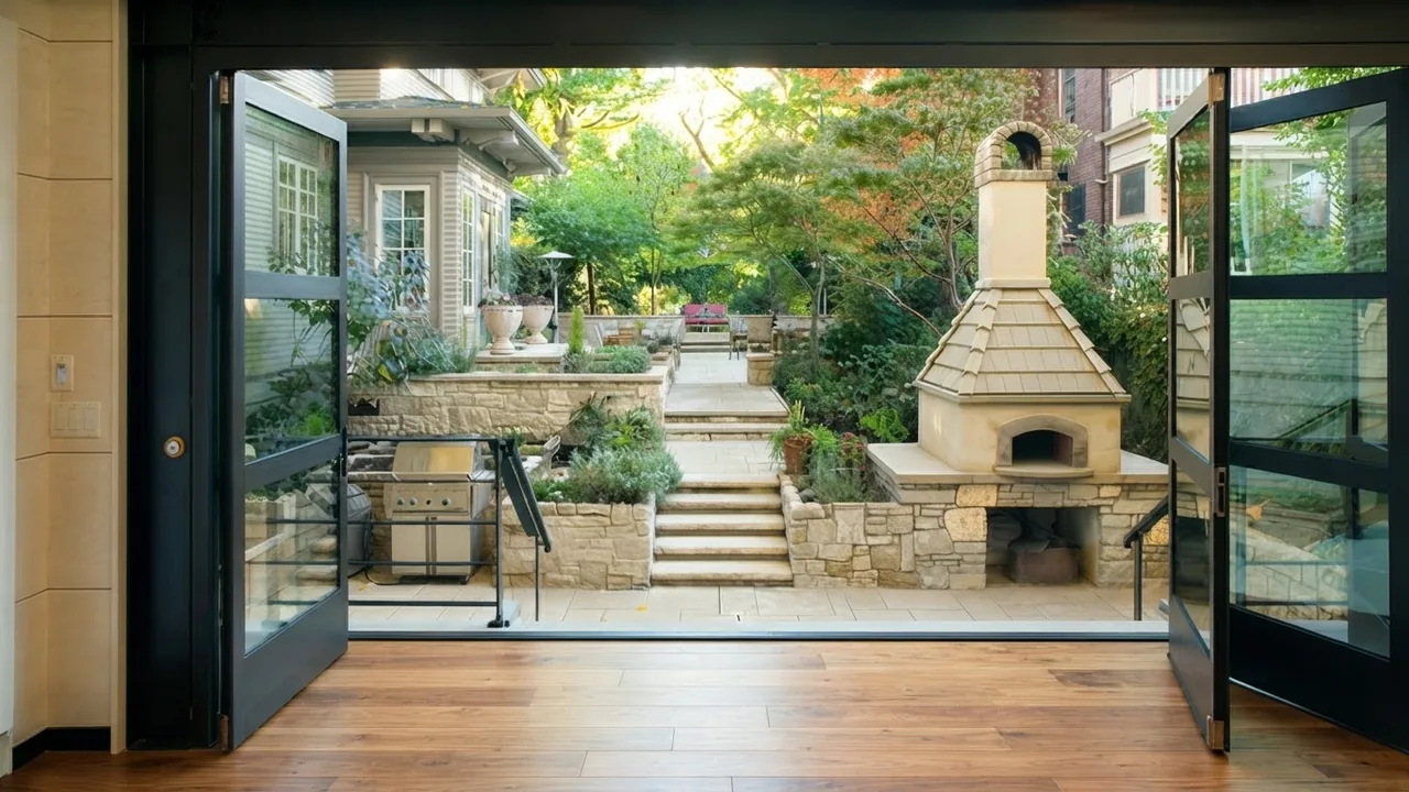 The view from inside the converted garage looking out through open glass doors to a paved terrace with a grill and a stone pizza oven