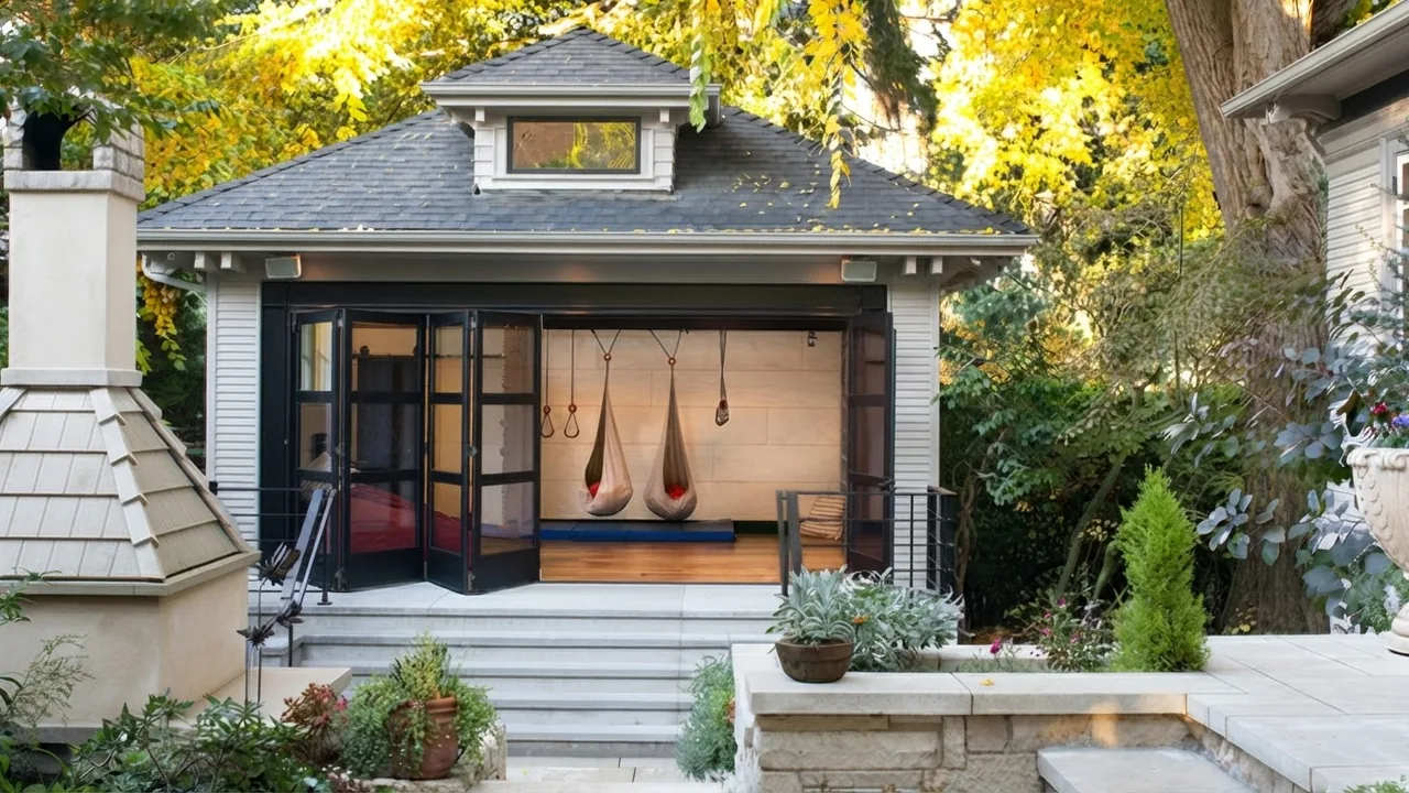 A real converted garage with its folding glass doors open to a stone terrace, gymnastic rings and swings hanging from an exposed beam inside, planting and steps in front