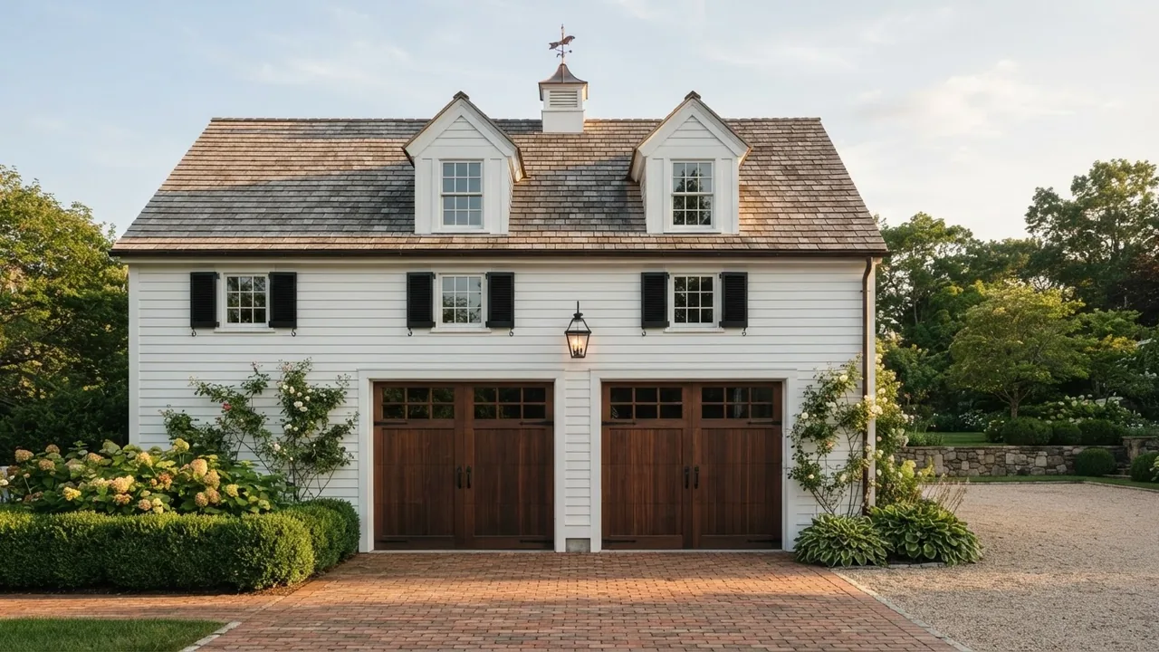 Traditional carriage house style garage with apartment above, white lap siding, cedar shingle gable roof with two dormers, carriage style garage doors with black strap hinges and black shutters at the upper windows