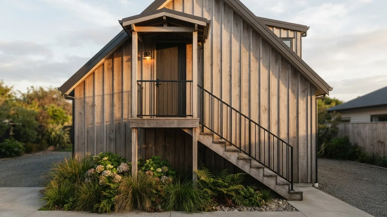 External timber stair with a slim black steel handrail running up the gable end of a timber clad garage apartment to a small covered landing with a wall light, planting at the base of the stair