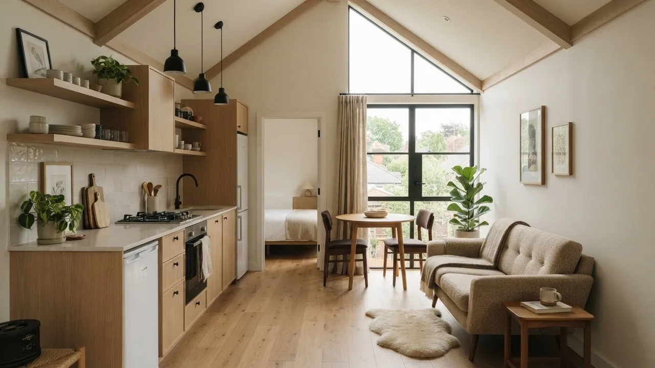 Compact one bedroom apartment above a garage with a short pale oak galley kitchen along one wall, a small dining table for two, a two seat sofa by a gable end window and a doorway to a bedroom