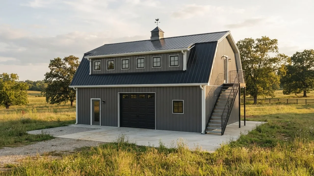 Prefabricated barn style garage with living quarters above, charcoal metal siding, a tall gambrel roof, a single wide garage door and a simple exterior stair on a concrete slab
