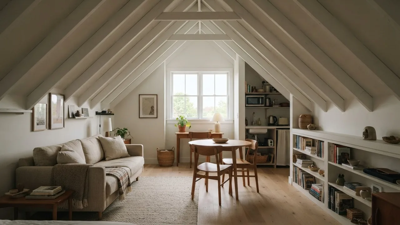 Interior of an apartment built inside a pitched roof, with white painted rafters following the slope down to low knee walls on both sides, a sofa tucked under the slope, built-in shelving in the low zone and a dining table in the centre where the ceiling is highest