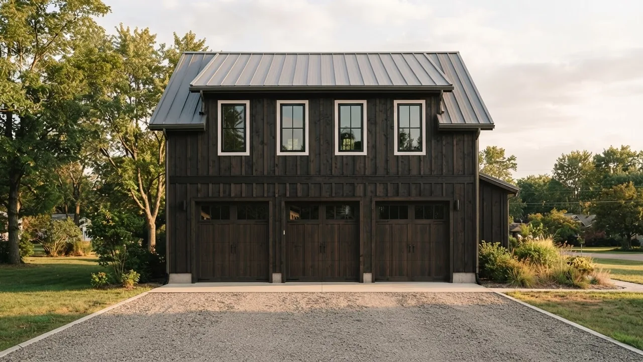 The same building widened to three garage doors, with identical cladding, roof, windows and setting