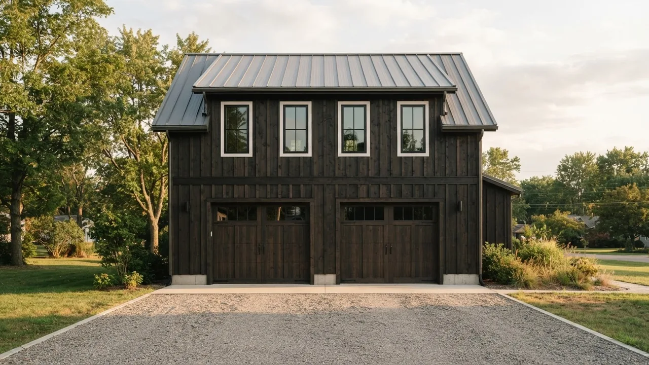 Two car garage with living space above, dark board and batten cladding, standing seam metal gable roof, two garage doors and four upper storey windows, photographed square on
