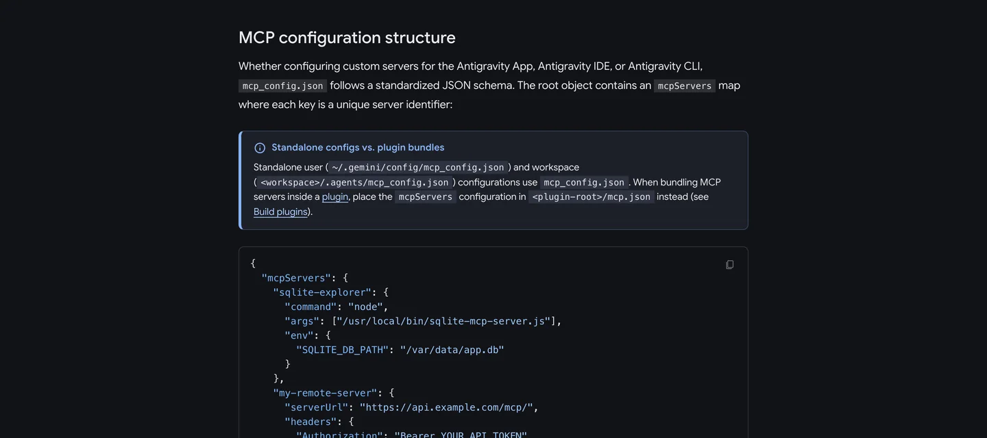 Google Antigravity documentation page on MCP, explaining that remote MCP servers must use the Streamable HTTP transport and are set with serverUrl