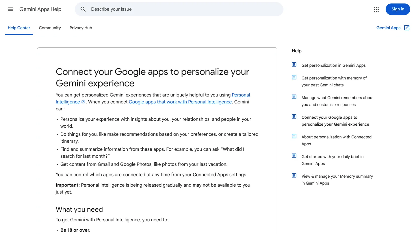 Gemini Apps Help page Connect your Google apps to personalize your Gemini experience, listing what Gemini can do with Personal Intelligence and noting it is released gradually and may not be available yet