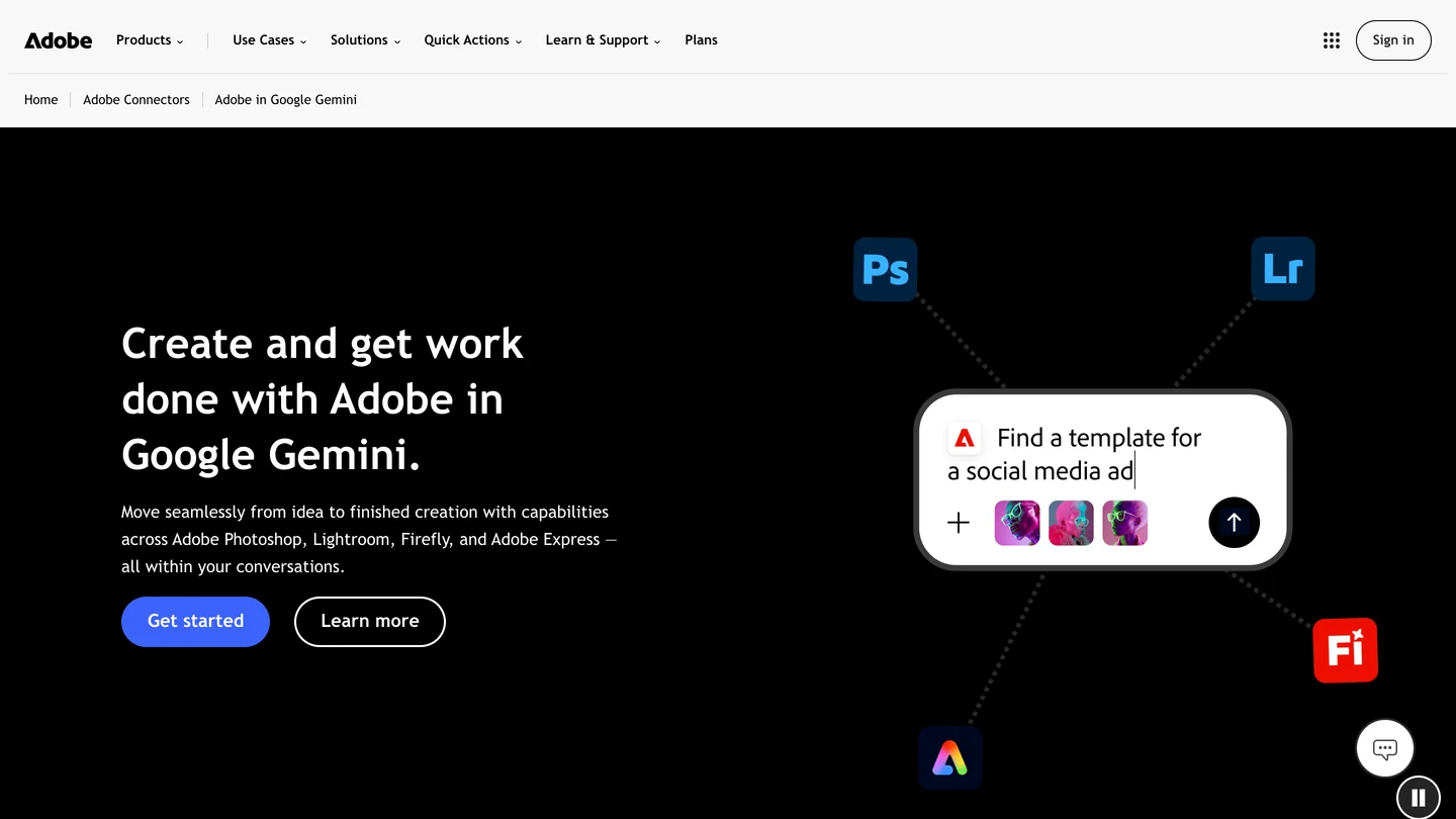 Adobe's page Create and get work done with Adobe in Google Gemini, listing Photoshop, Lightroom, Firefly and Adobe Express, with a chat box typing Find a template for a social media ad