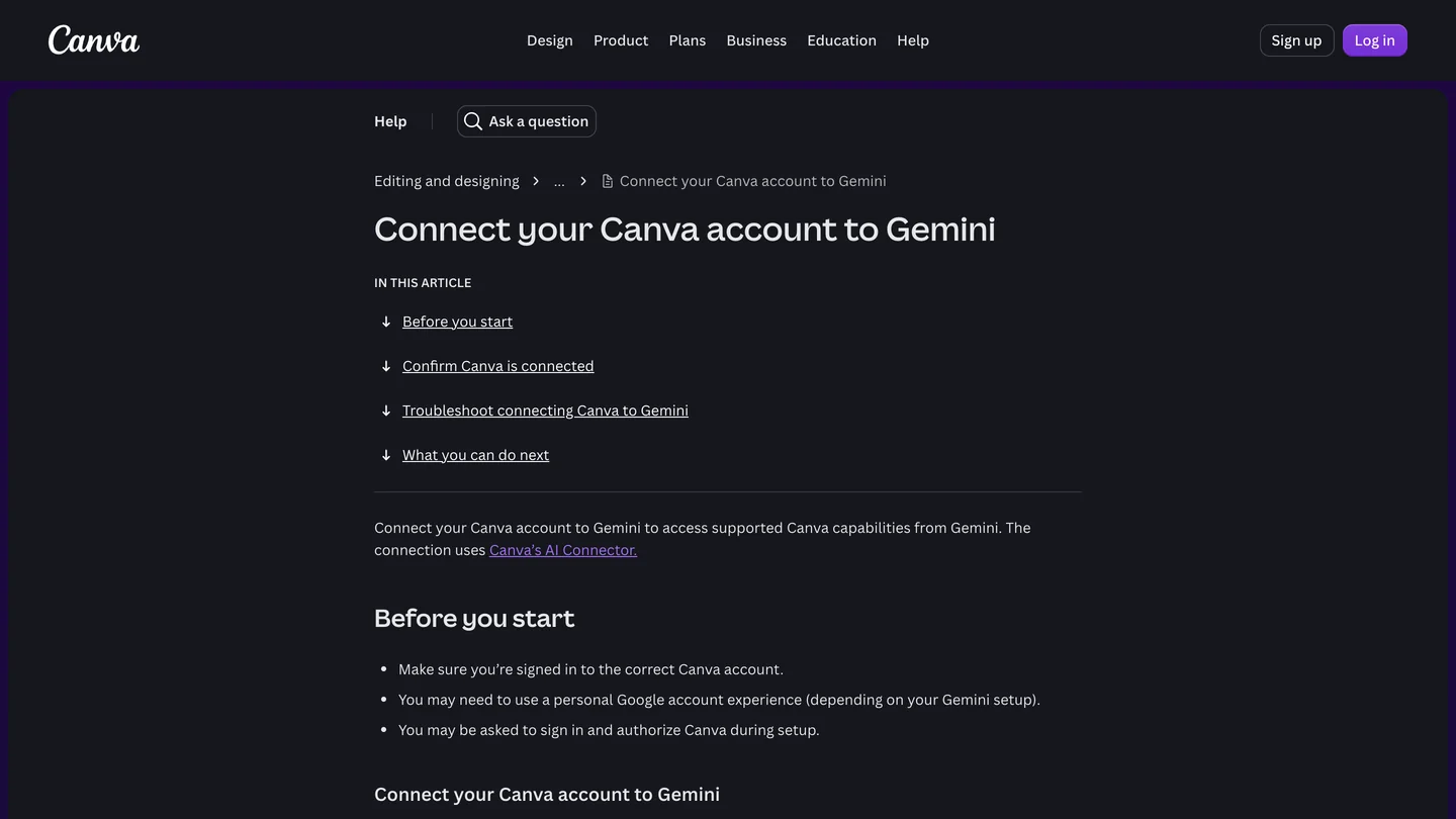 Canva help article Connect your Canva account to Gemini, with sections Before you start, Confirm Canva is connected and Troubleshoot connecting Canva to Gemini, noting you may need a personal Google account