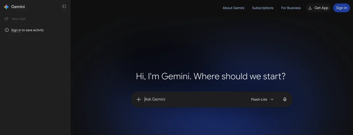 The Gemini web app at gemini.google.com with the greeting Hi, I'm Gemini. Where should we start? above an Ask Gemini box set to Flash-Lite