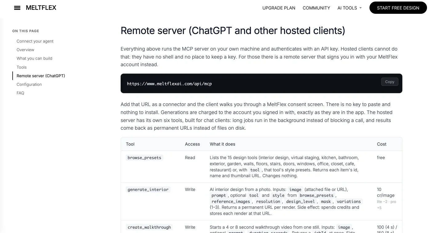 The remote server section of the MeltFlex MCP page, showing the server URL https://www.meltflexai.com/api/mcp with a Copy button and the start of the tool table: browse_presets, generate_interior and create_walkthrough with their costs