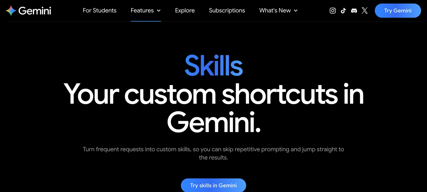 Google's Gemini skills page with the headline Skills, Your custom shortcuts in Gemini, and the line Turn frequent requests into custom skills, so you can skip repetitive prompting and jump straight to the results