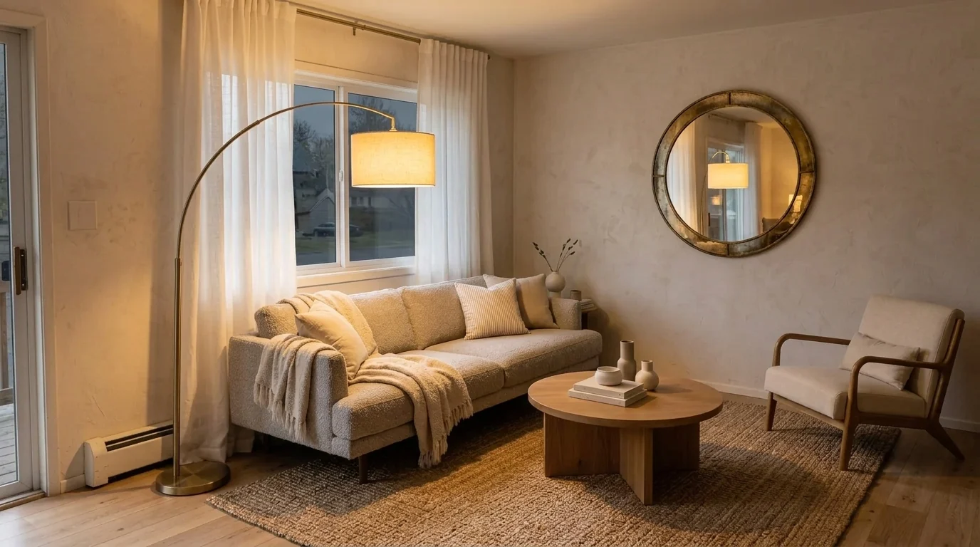 The same Gemini-designed Scandinavian living room after one conversational refinement: a deeper greige sofa, a large round antique-brass mirror replacing the artwork, and warm early-evening lamplight with the arc floor lamp switched on