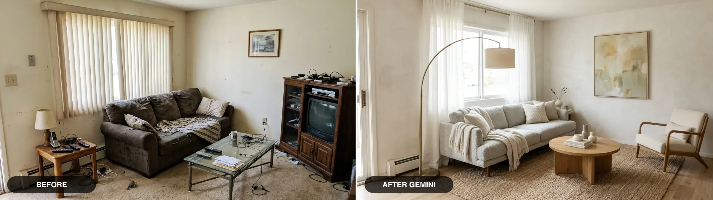 Before and after of a Gemini room design: on the left an amateur phone photo of a dated living room with a worn brown sofa, glass coffee table and bulky TV cabinet; on the right the same room redesigned by Gemini in a warm Scandinavian style with a light grey boucle sofa, round oak coffee table and arc floor lamp