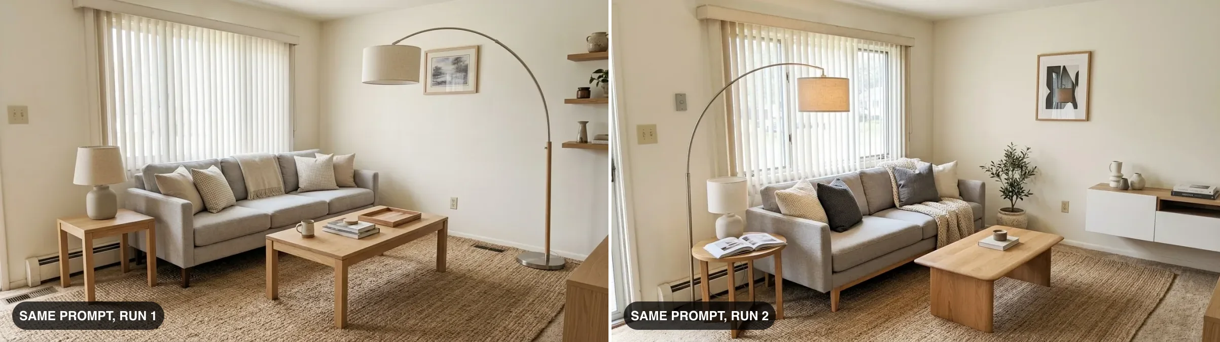 Two Gemini renders of the same room from the same prompt shown side by side, demonstrating layout drift: furniture placement, wall decor and window treatment all land differently between run one and run two