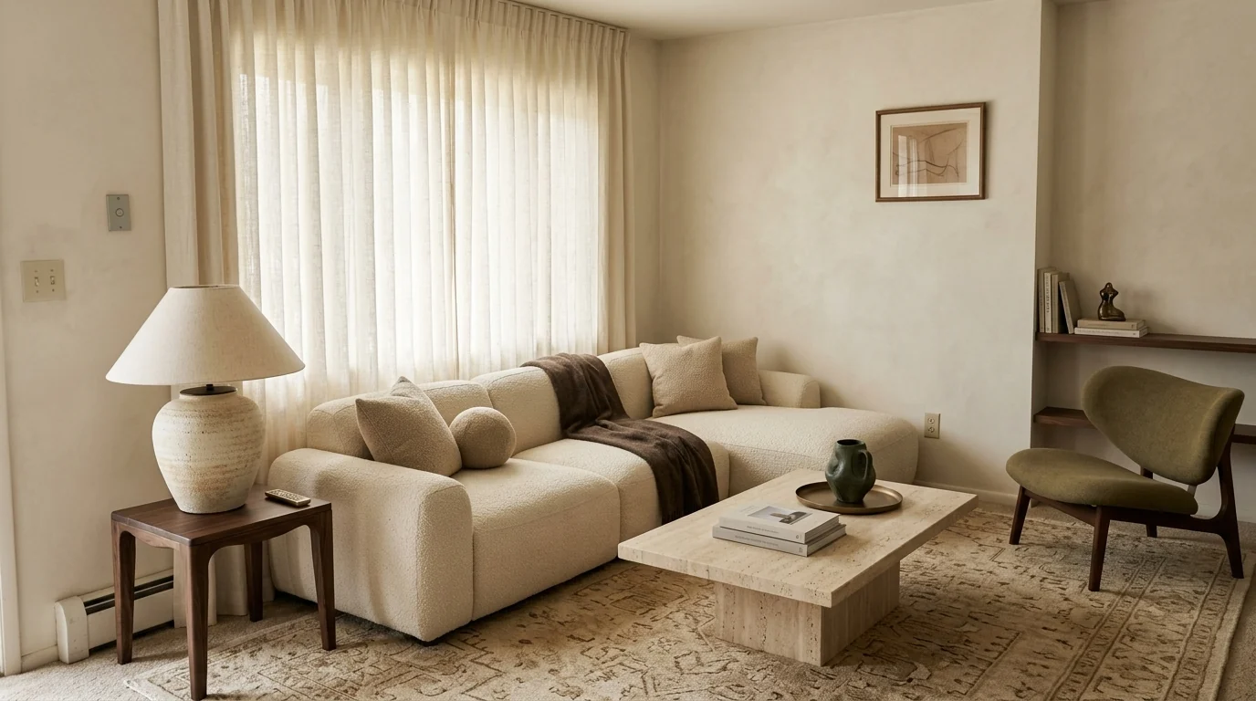A quiet luxury living room designed by a Gemini interior designer Gem from the same dated room photo: a deep modular ivory sofa, travertine plinth coffee table, olive lounge chair, limewashed alabaster walls and full-height linen curtains