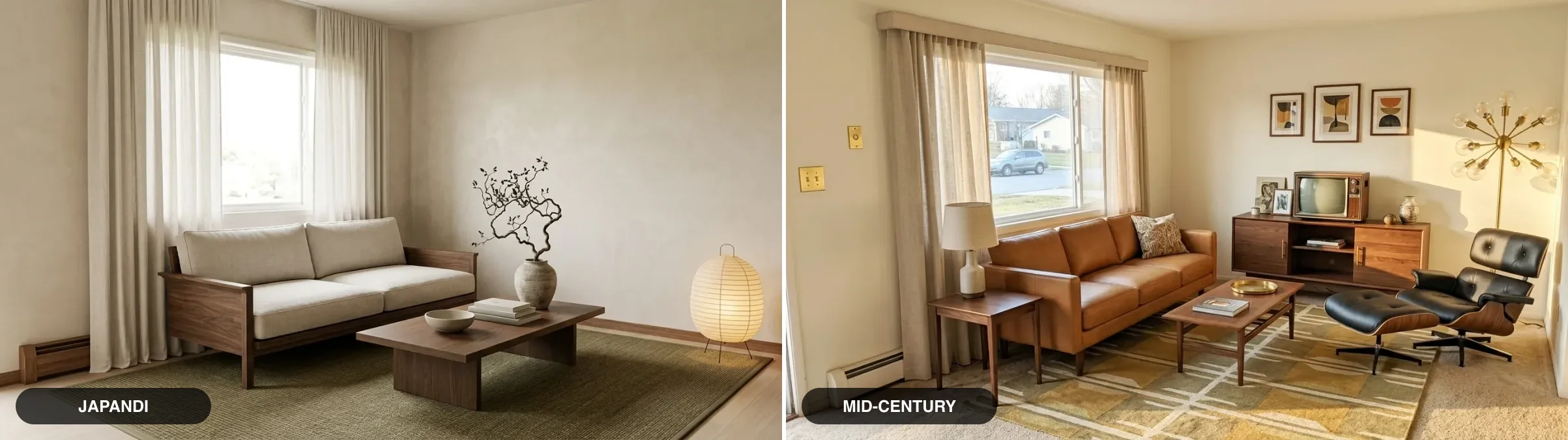 Two Gemini redesigns of the same dated living room side by side: a serene Japandi version with a walnut-framed sofa and paper lantern on the left, and a mid-century modern version with a tan leather sofa, walnut credenza and Eames-style lounge chair on the right